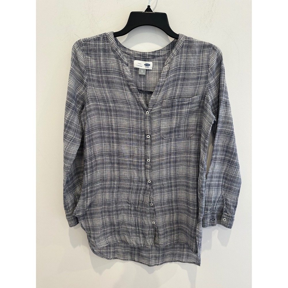 Old Navy Women XS Blue White Plaid Cotton Long Sleeve Button Down Tunic Shirt